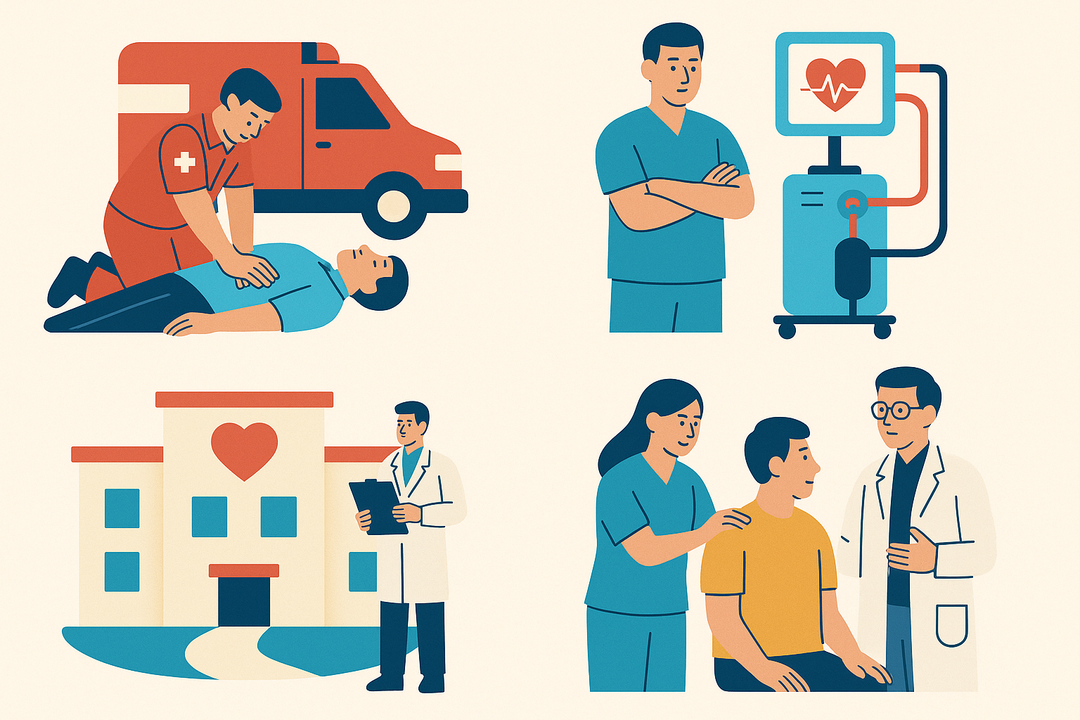 PR, ECMO, 심정지 전문 센터, 회복 관리를 표현한 의료 일러스트