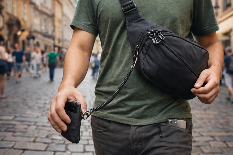 유럽풍 자갈길 거리에서 30대 남성 여행자가 가슴 앞으로 멘 슬링백의 지퍼를 카라비너로 고정하고, 스마트폰은 코일형 랜야드로 바지 고리에 연결해 도난 방지 상태로 휴대하는 모습