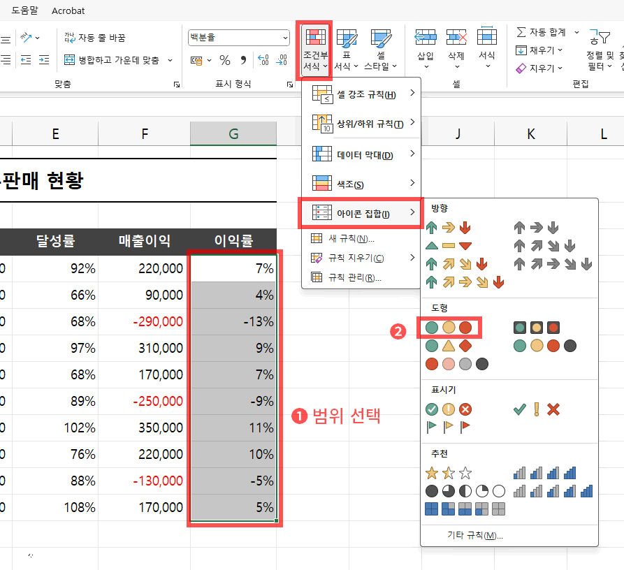 조건부 서식 > 아이콘 집합
