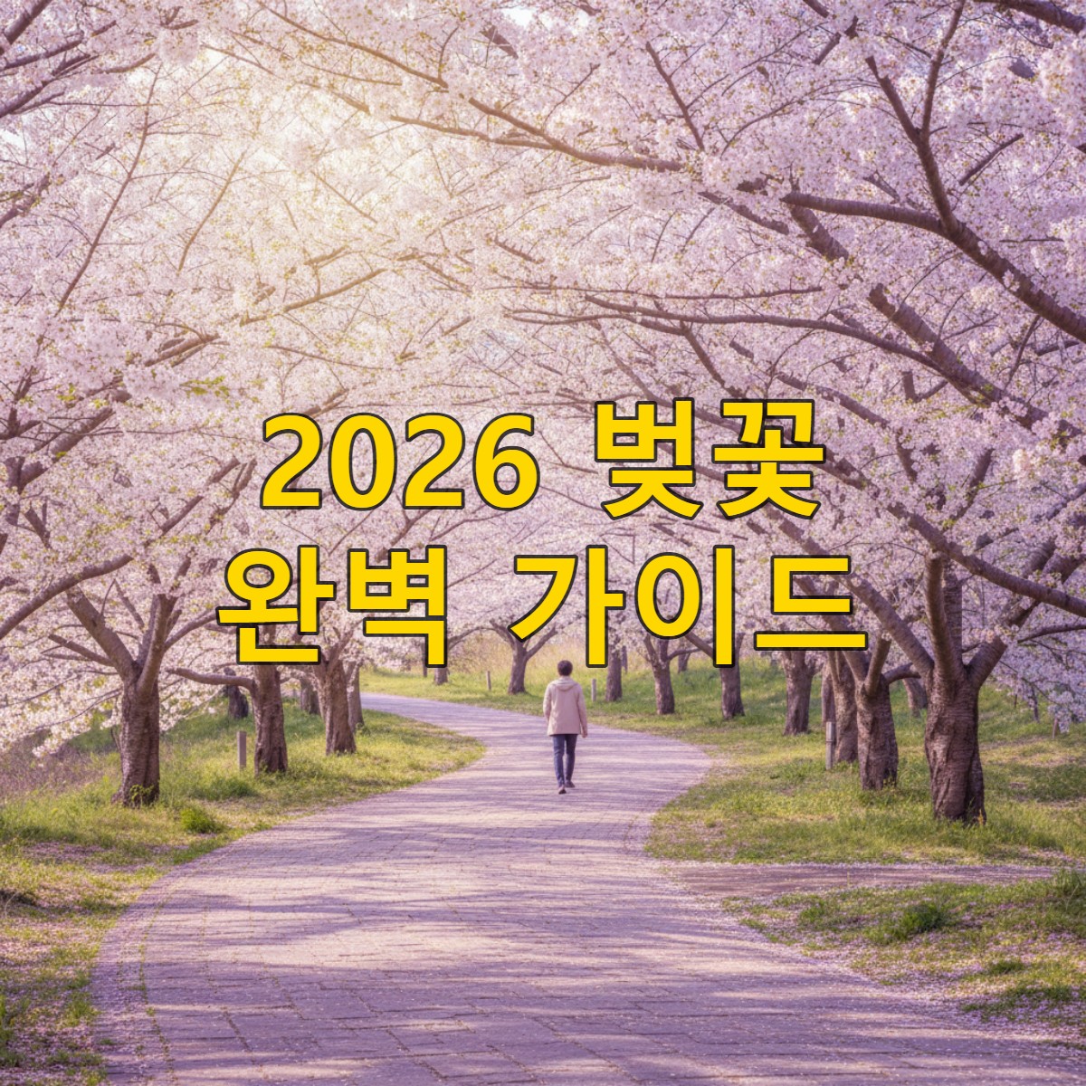 핑크빛 벚꽃 터널 아래로 햇살이 쏟아지는 아름다운 풍경. 한 사람이 길을 걷고 있다.