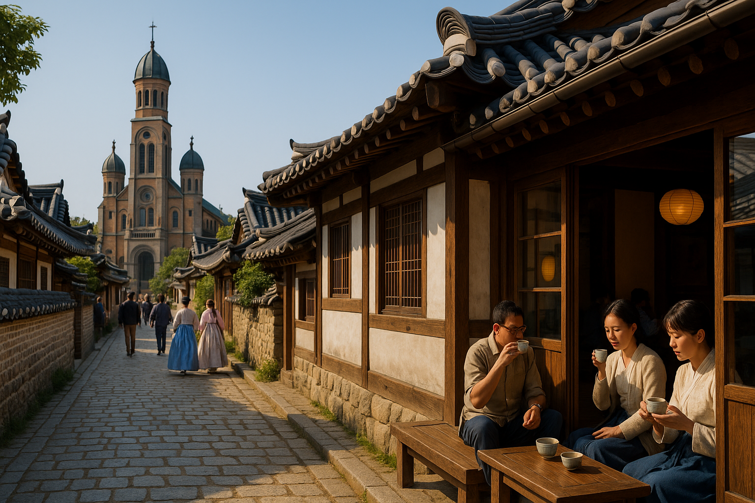 전주 한옥마을 골목 너머 전동성당이 보이고, 대청마루에서 전통 차를 즐기는 모습이 담긴 실사 이미지