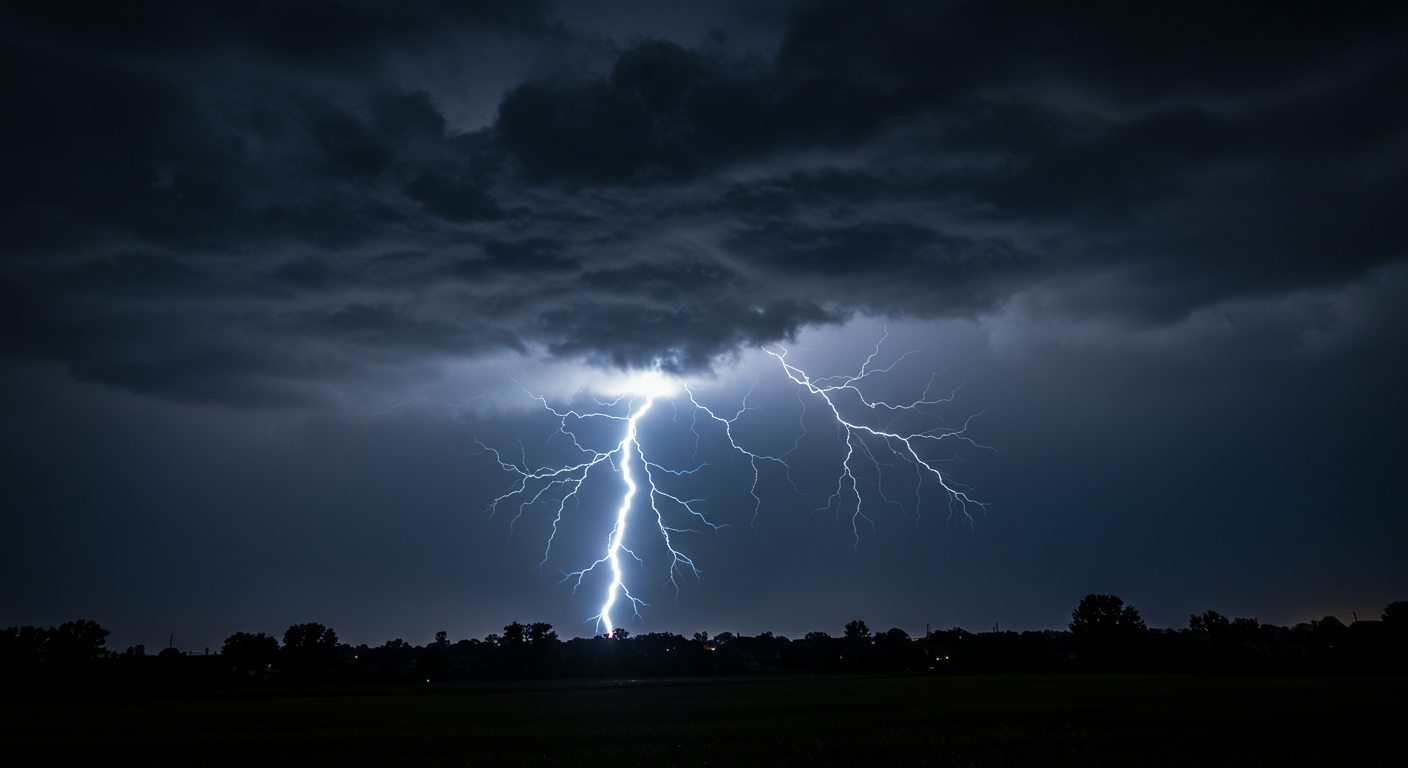 어두운 구름 속에서 강하게 번쩍이는 벼락과 낙뢰 장면, 여름철 폭우를 동반한 대기 불안정의 예