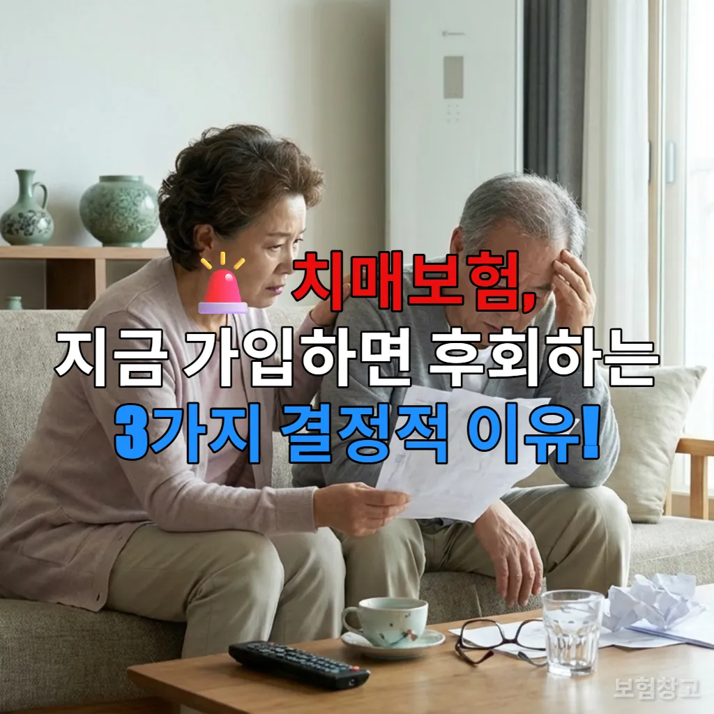 보험 서류를 들고 걱정하는 노인 부부의 모습, 치매보험의 복잡한 현실을 상징합니다.