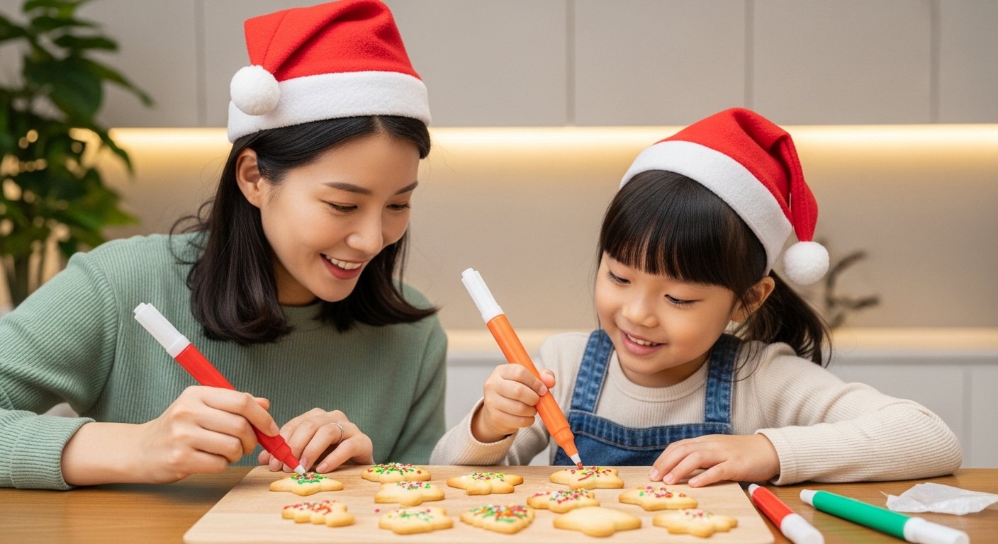 한국 엄마와 아이가 크리스마스 모양 버터 쿠키를 아이싱 펜과 스프링클로 장식하는 모습