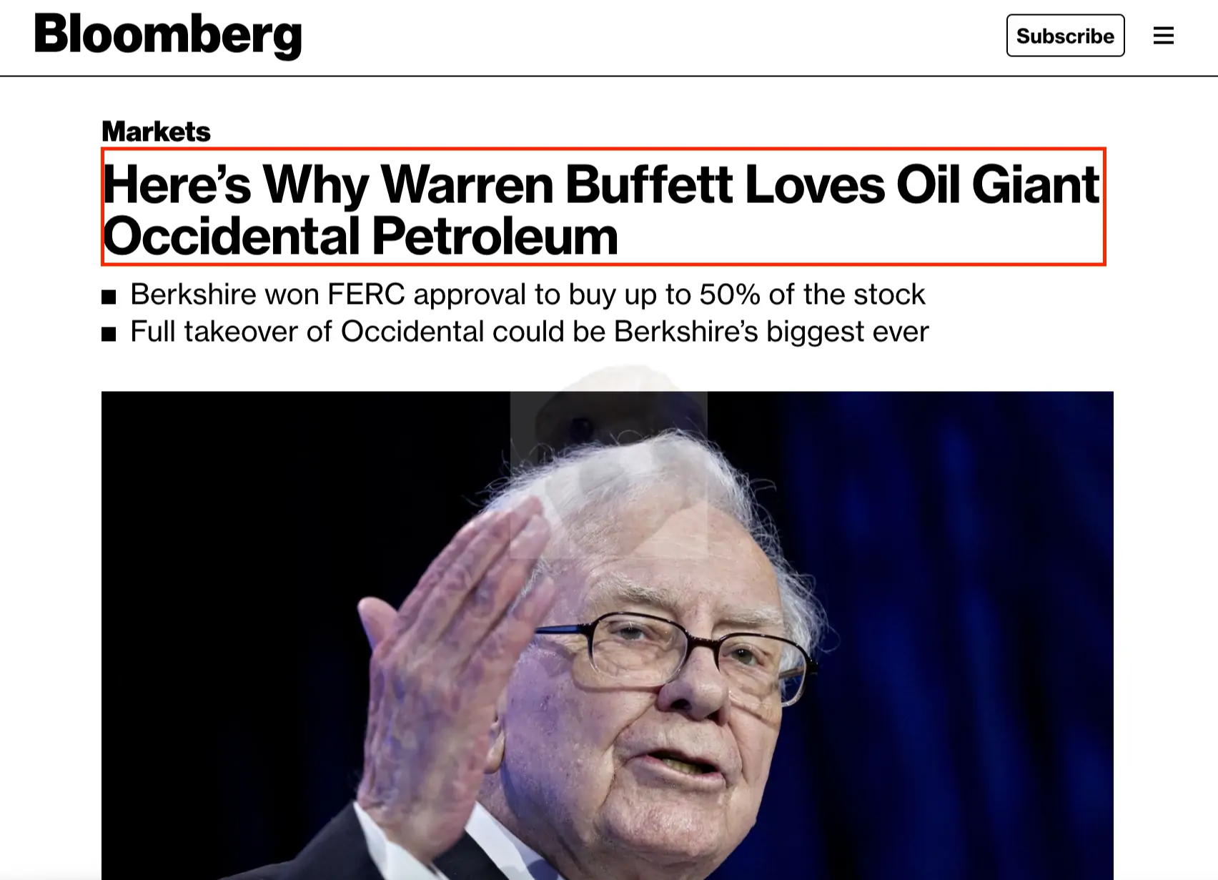 워런버핏과 옥시덴탈 관련 블룸버그 기사
