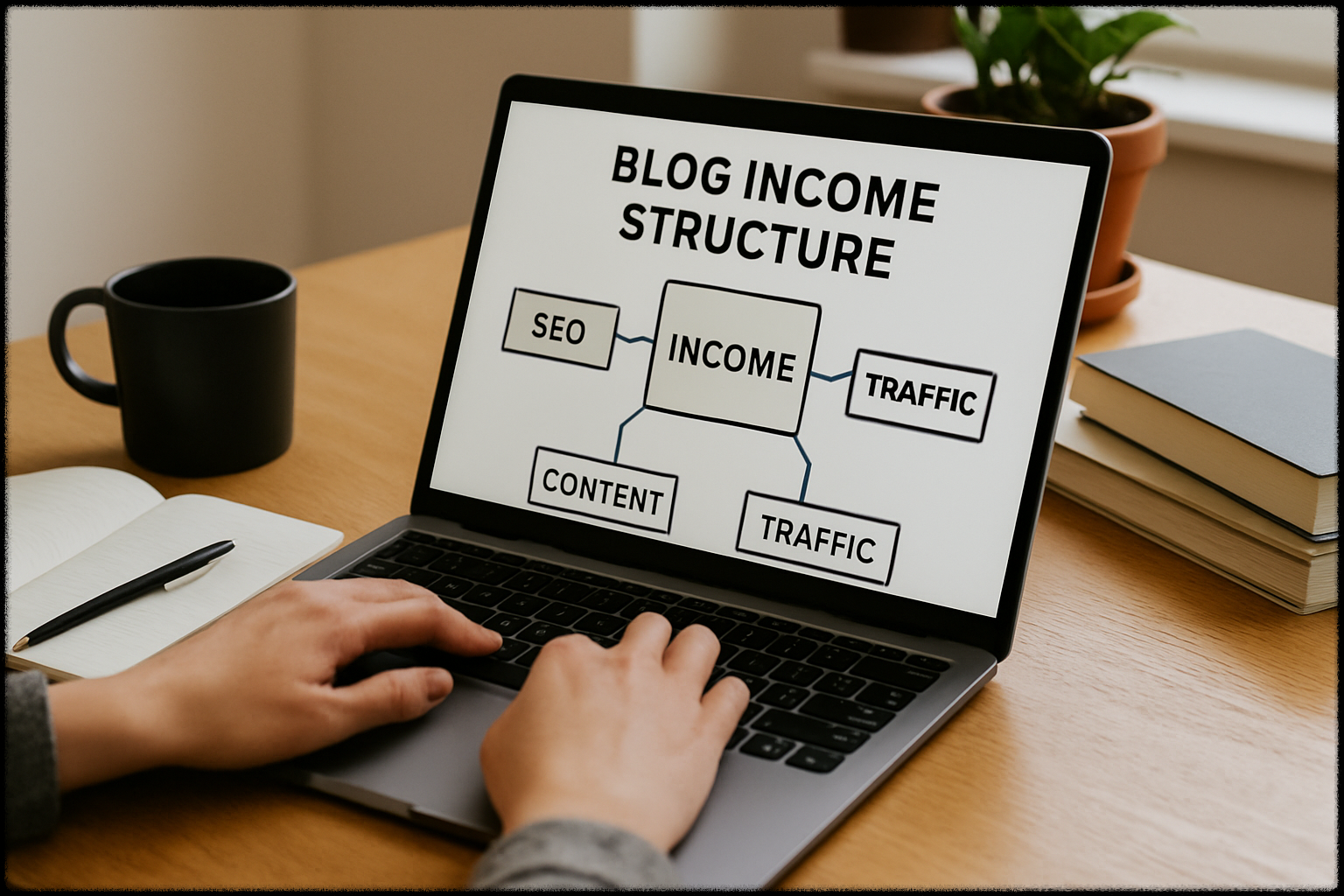노트북으로 블로그 수익 관련 콘텐츠를 작성 중인 사람의 이미지