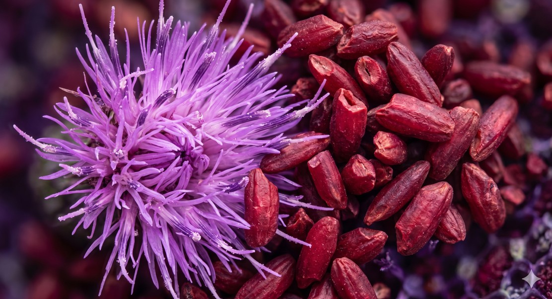 현미경으로 본 보랏빛 엉겅퀴 꽃과 붉은색 홍국 쌀이 조화롭게 배치된 고해상도 이미지