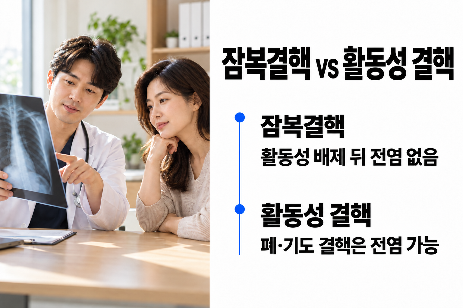 잠복결핵과 활동성 결핵의 전염 여부를 비교한 카드