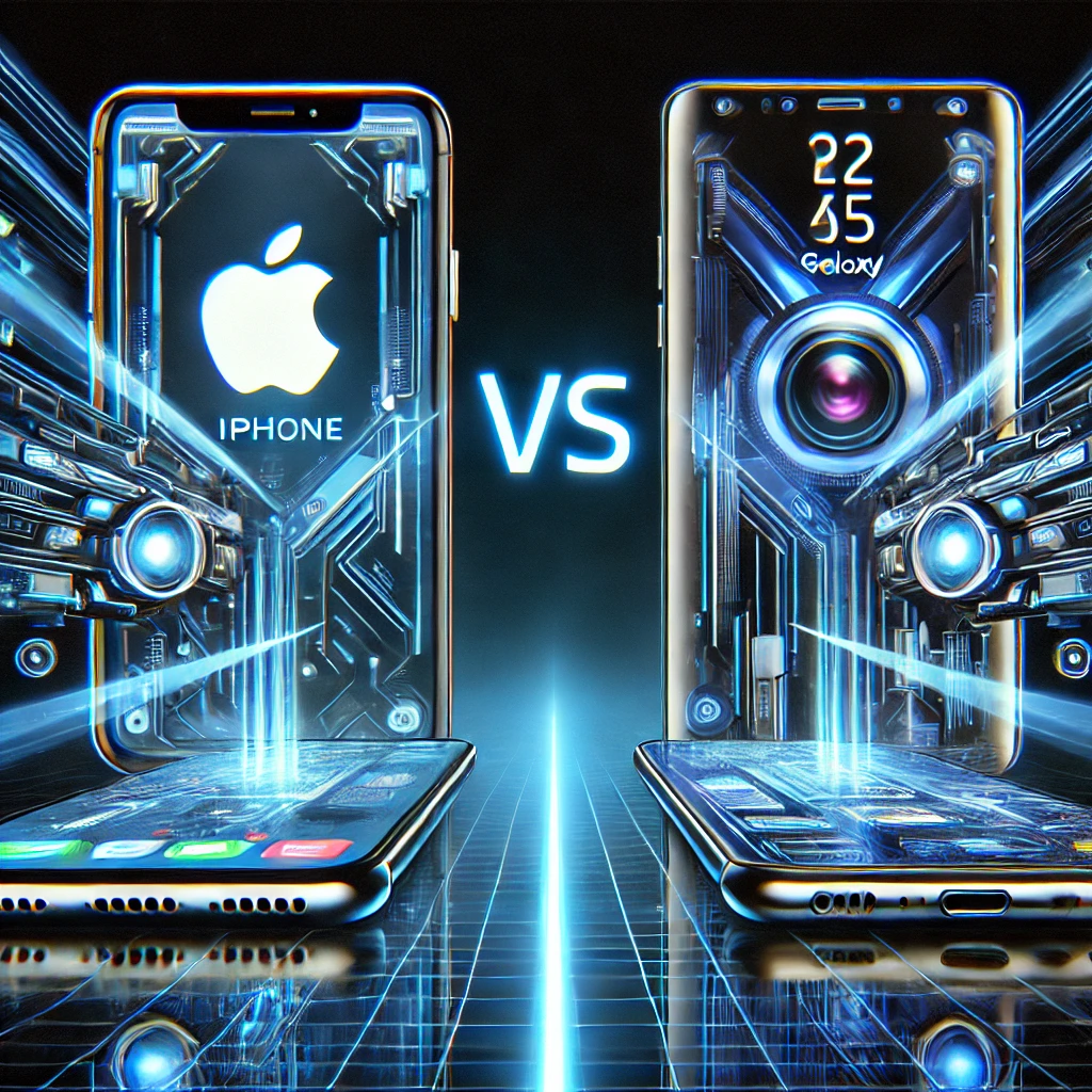 미래지향적인 애플 아이폰과 삼성 갤럭시의 경쟁을 표현한 이미지입니다