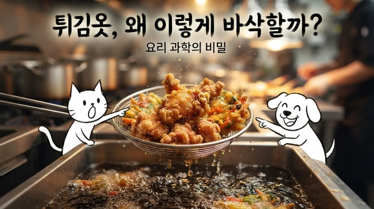 갓 튀겨 황금빛으로 빛나는 바삭한 모둠 튀김을 기름 솥에서 건져 올리는 순간, 옆에서 신기해하는 스틱 고양이과 스틱 개 캐릭터가 함께하는 이미지