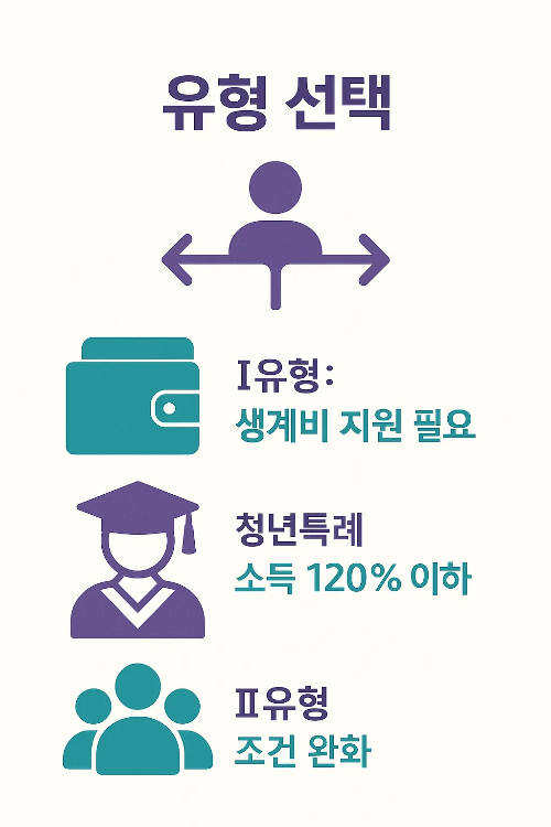 국민취업지원제도 유형 선택 가이드로 생계비 지원 필요 시 I유형, 청년특례 소득 120% 이하 적용, II유형 조건 완화 등 선택 기준을 설명하는 이미지
