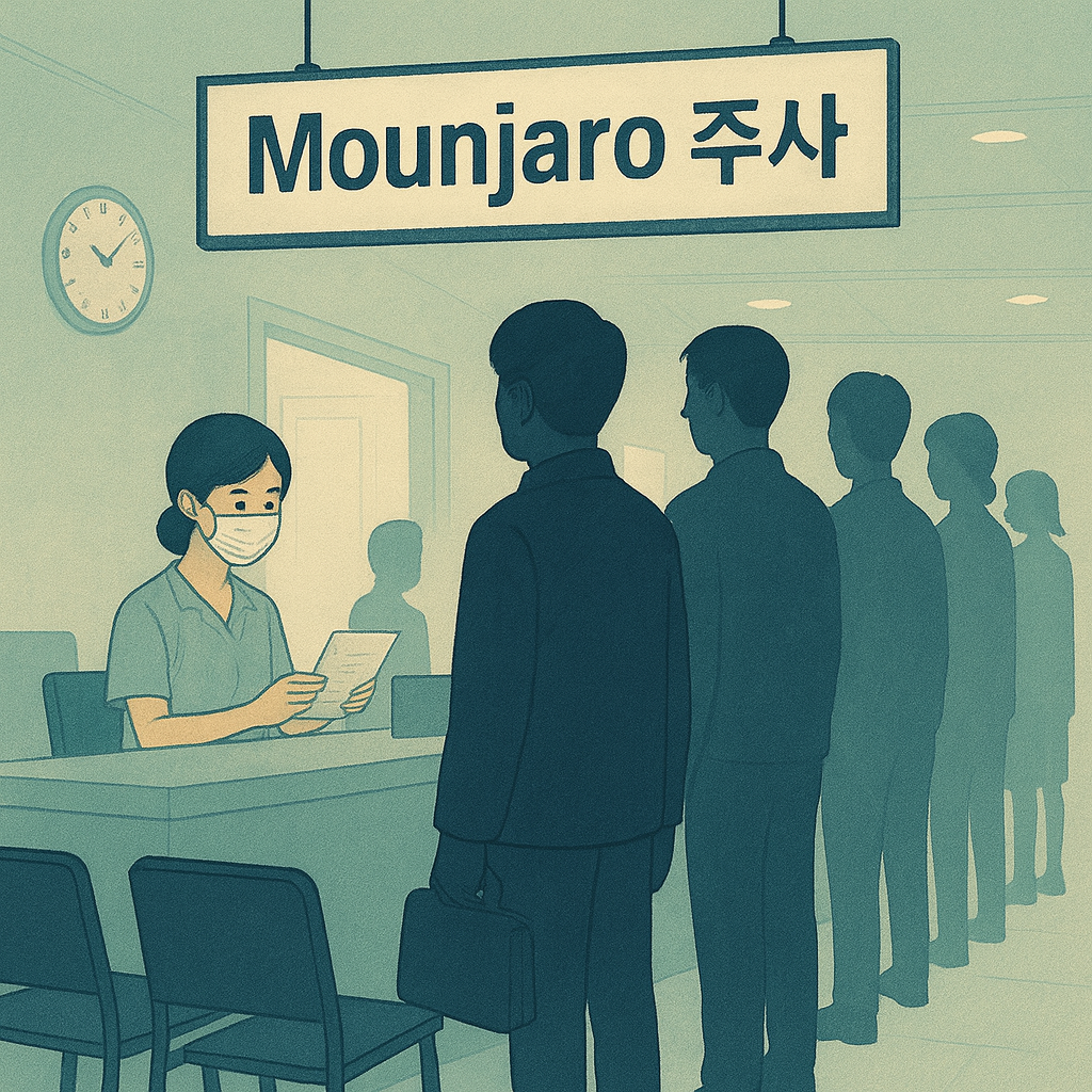 마운자로 주사 대기 줄과 병원 접수 장면, 마운자로 부작용 및 췌장염 위험을 다룬 이미지