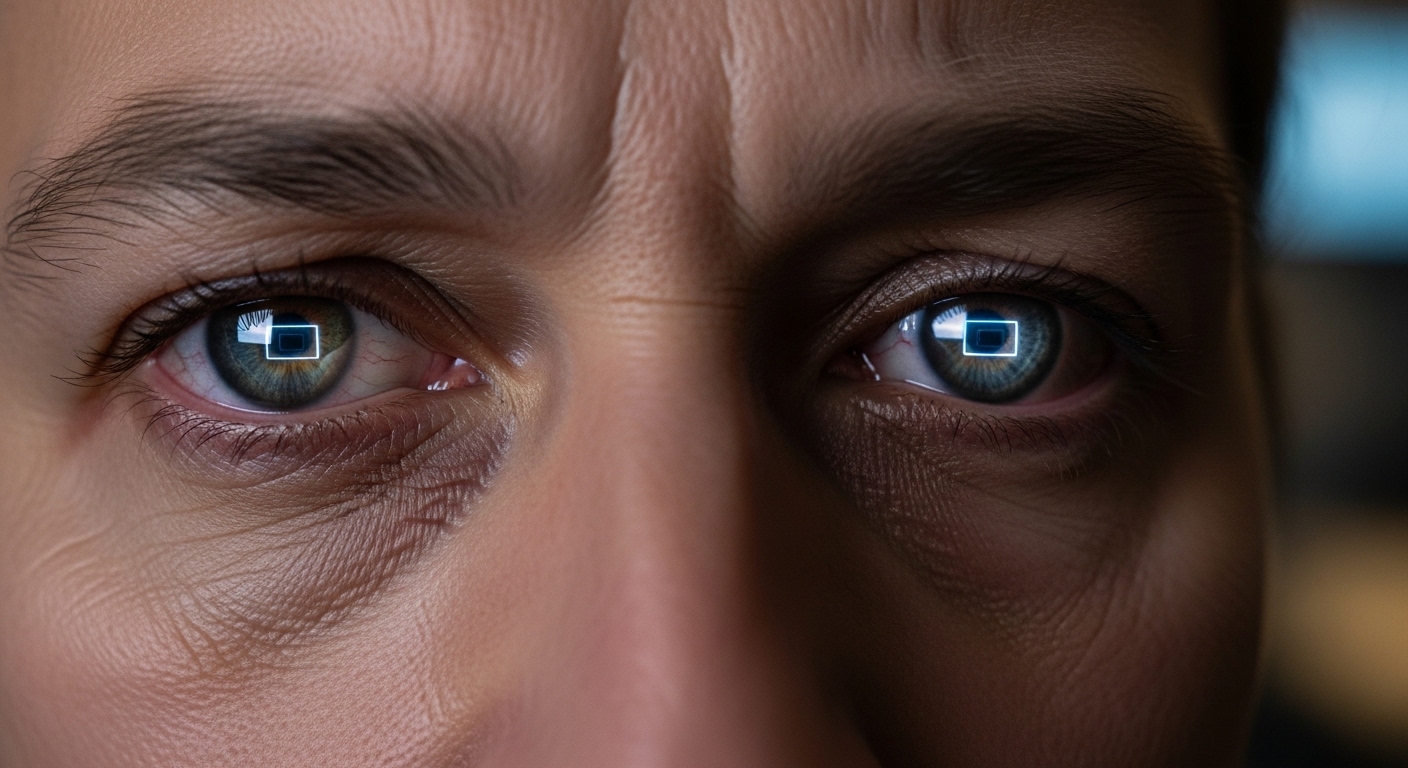 스마트폰 화면 빛이 반사된 중년의 피곤하고 지쳐 보이는 눈 클로즈업. 디지털 피로로 인한 번아웃을 암시하는 이미지.