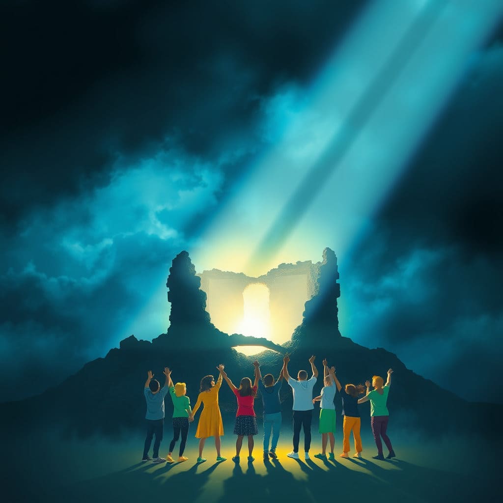 어둡고 탁했던 배경에 한 줄기 빛이 강하게 비추면서 어둠을 걷어내고, 무너졌던 구조물이 다시 세워지거나 사람들이 서로 손을 맞잡는 모습을 그립니다. 밝고 희망적인 색상(파란색, 녹색, 밝은 노란색 등)을 사용하여 긍정적인 변화와 회복을 상징합니다. 빛이 어둠을 밀어내는 효과를 사용하여 투명성이 확보되는 과정을 동적으로 보여줍니다.