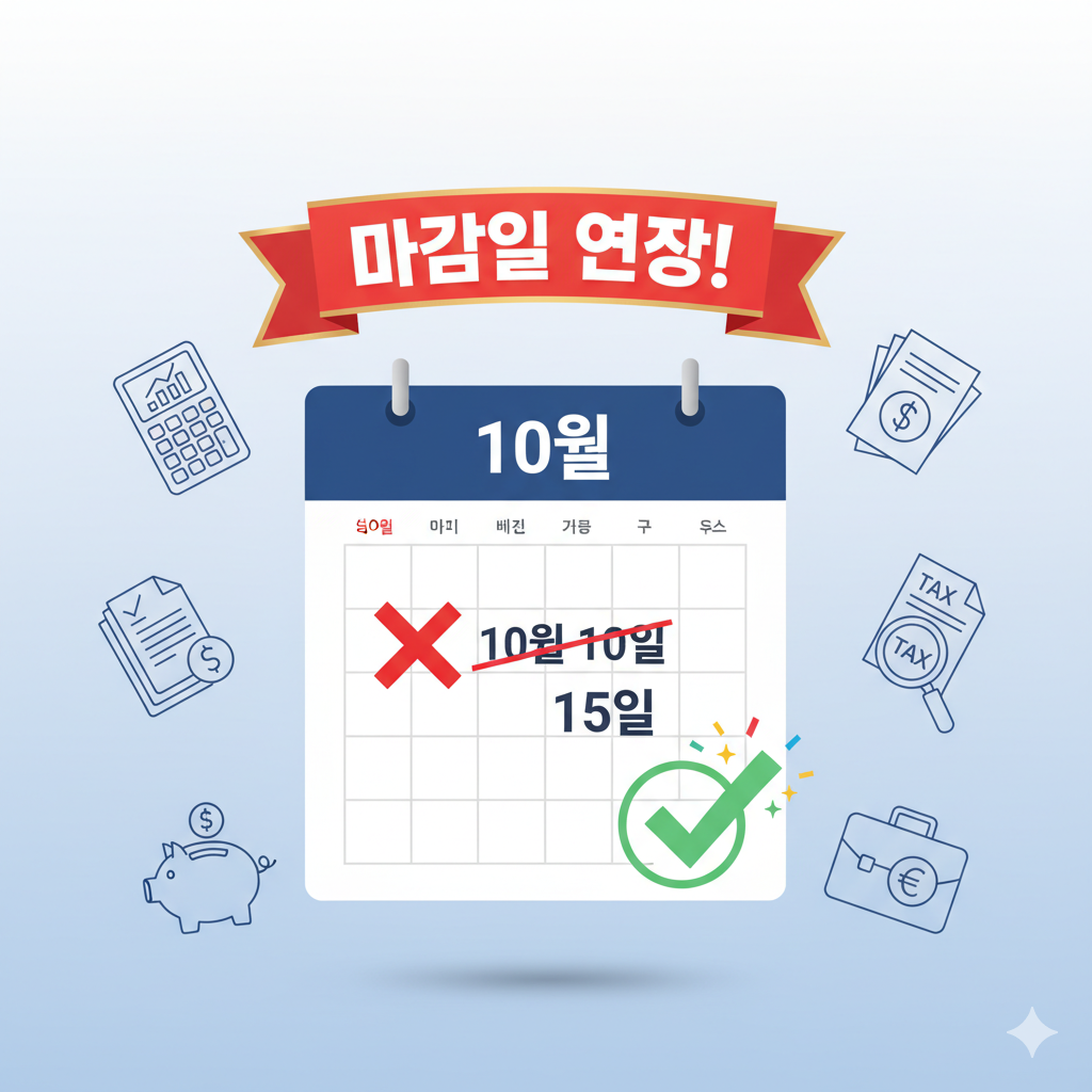 0월 10일은 취소되고 10월 15일이 강조된 마감일 연장 인포그래픽