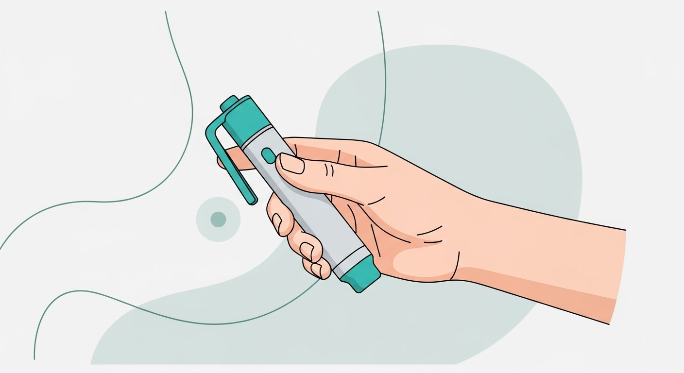 위고비 자가 주사제 사용법을 보여주는 손과 주사펜 일러스트레이션. 정확하고 안전한 사용을 강조.