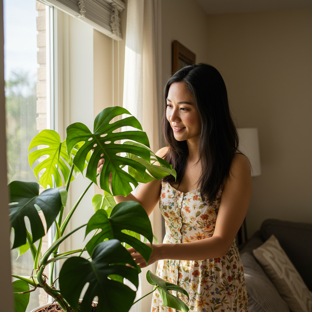 Monstera deliciosa 나무를 집에서 기르고 있는 여성이 나무를 보며 흐믓해 하고 있다.