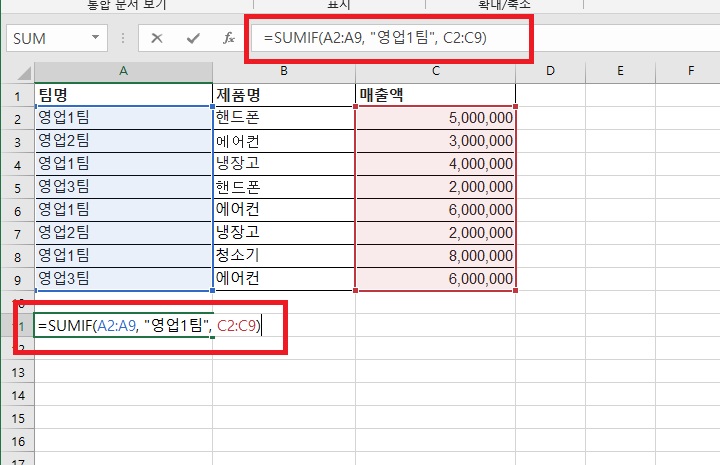표 밑에 =SUMIF(A2:A9, "영업1팀", C2:C9) 라고 입력되어있음