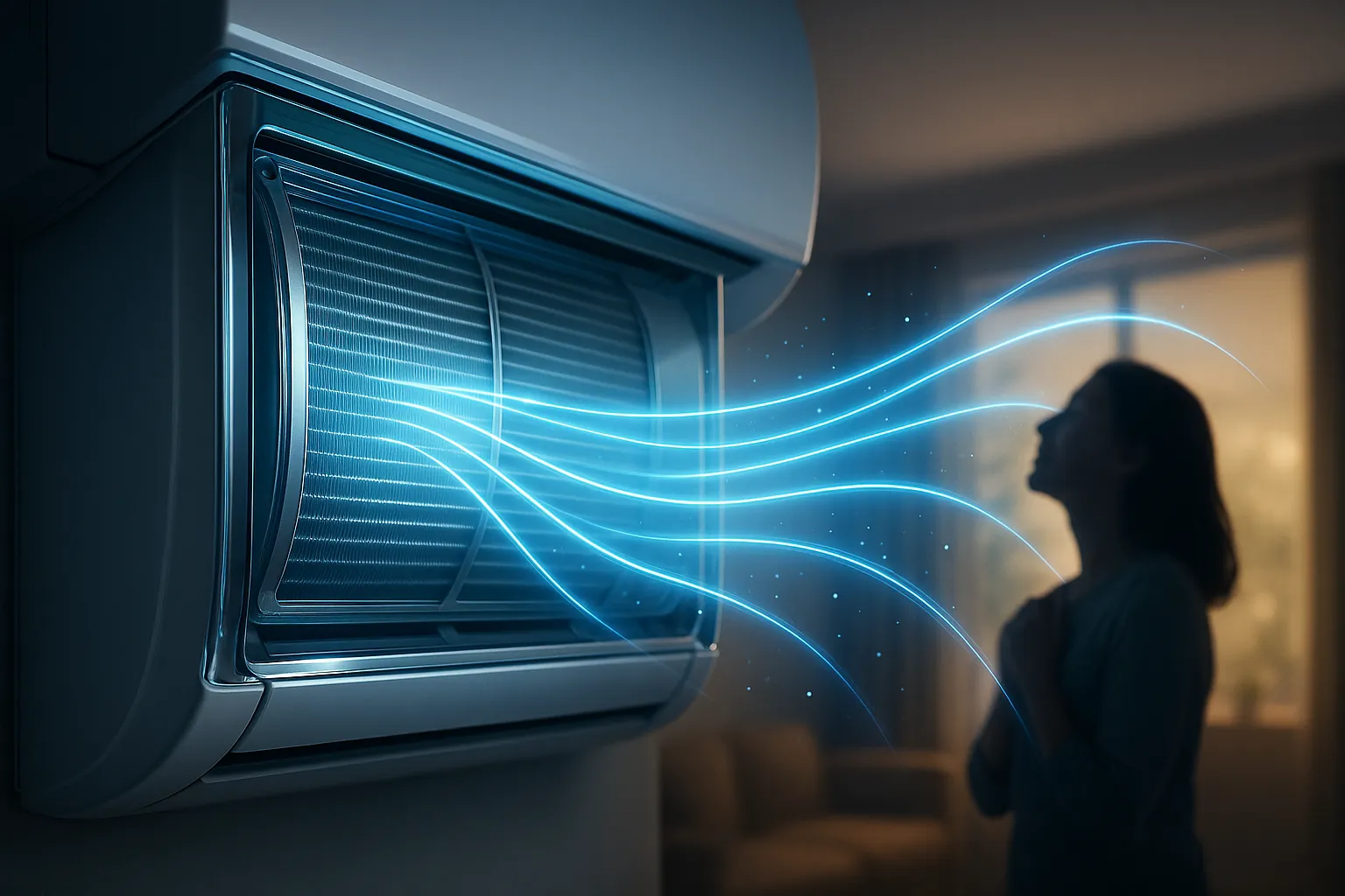 반짝이는 메탈 필터에서 순백의 공기 흐름이 퍼져 나오는 고해상도 에어컨 내부 모습