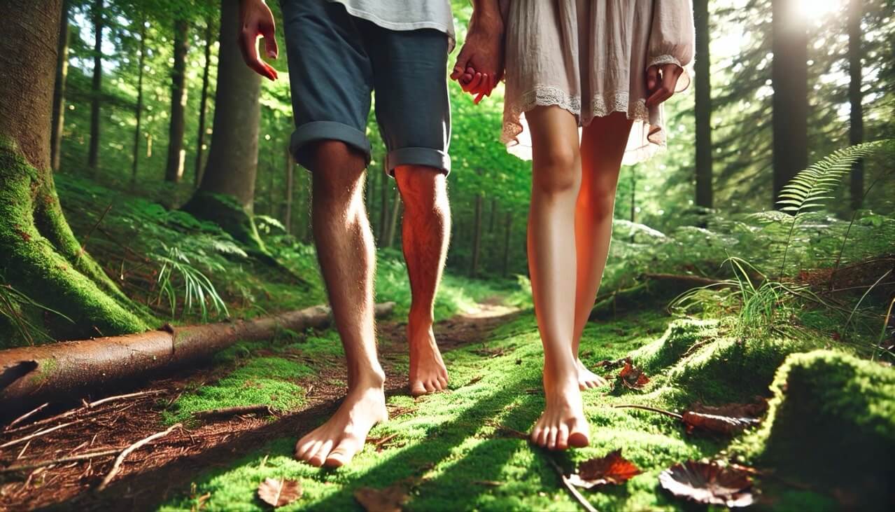 숲길에서 맨발걷기로 건강함을 되찾는 남녀