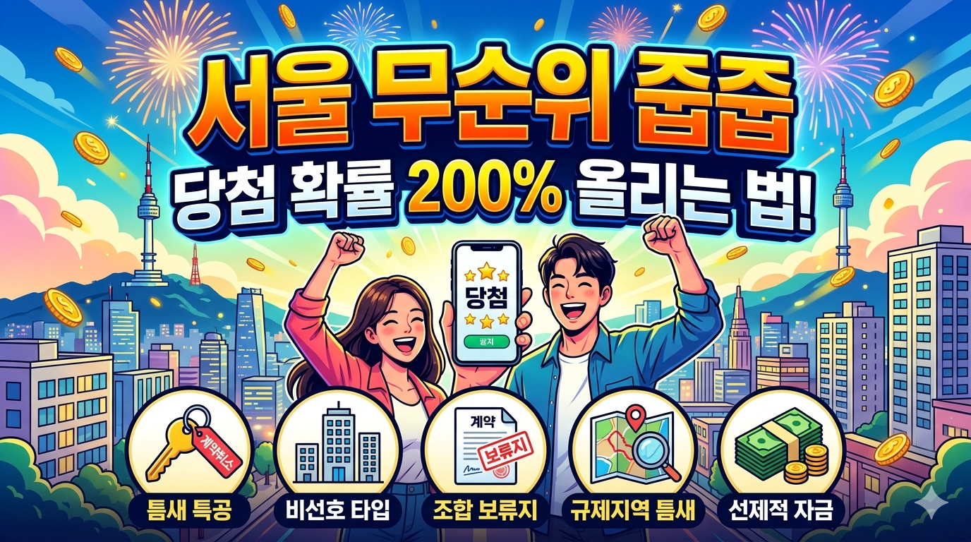 서울 무순위 청약 당첨 확률을 높이는 전략을 담은 블로그 썸네일 이미지를 생성했습니다.

이 이미지는 서울의 스카이라인을 배경으로 청약 당첨에 환호하는 커플의 모습을 역동적으로 표현했습니다. 상단에는 "서울 무순위 줍줍 당첨 확률 200% 올리는 법!"이라는 텍스트를 크고 명확하게 배치하여 클릭률을 높이도록 디자인했습니다.

또한, 하단에는 본문에서 다룬 5가지 핵심 전략(틈새 특공, 비선호 타입, 조합 보류지, 규제지역 틈새, 선제적 자금)을 아이콘으로 정리하여 글의 내용을 한눈에 파악할 수 있도록 했습니다.
