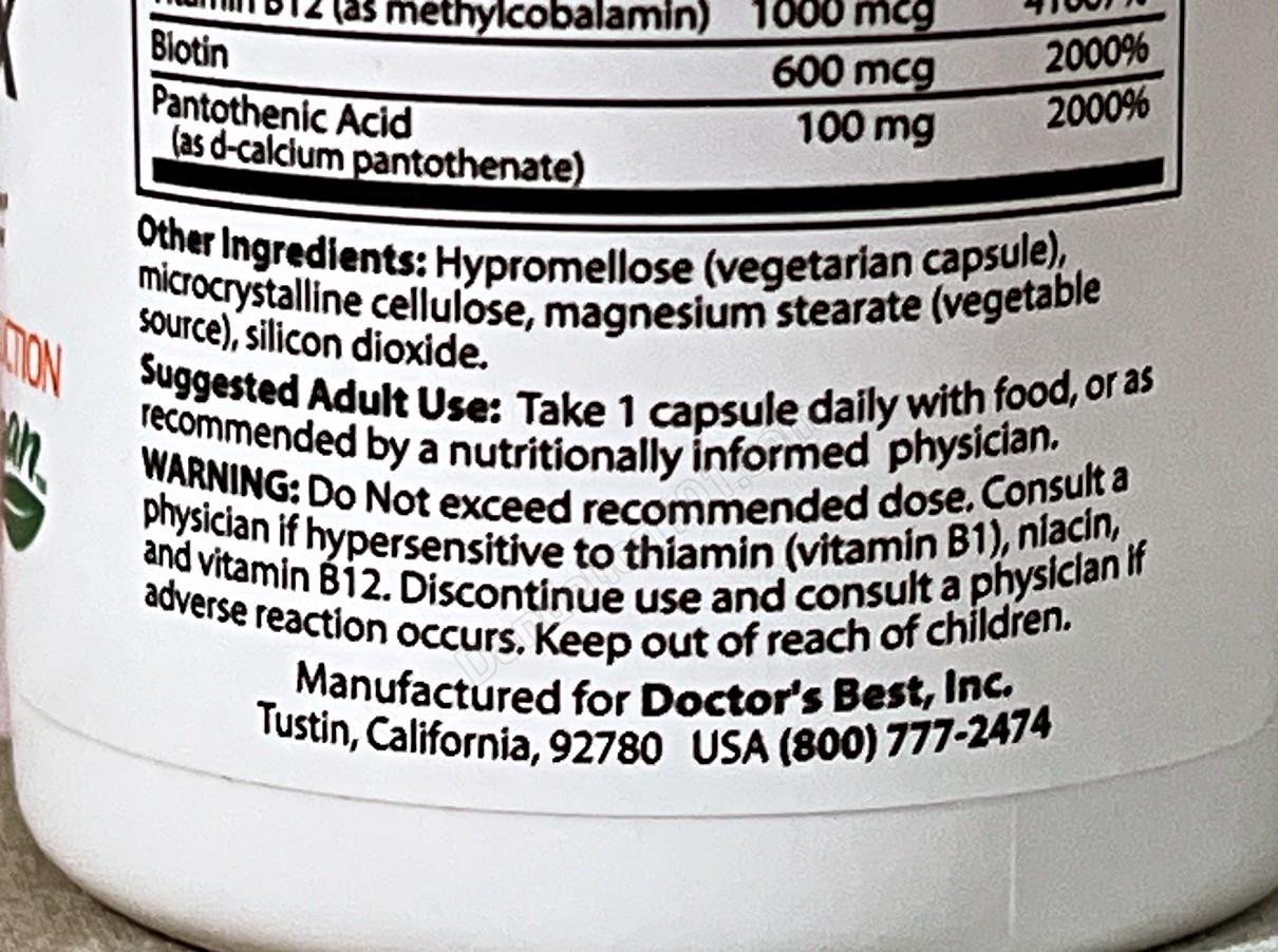 닥터스베스트 풀리 액티브 비타민 B 컴플렉스 Doctor's Best, Fully Active B Complex with Quatrefolic 기타 성분과 성인 권장 용법 그리고 주의 사항