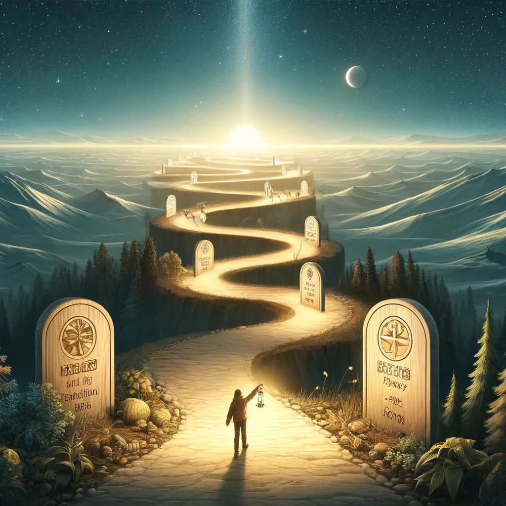 Here is the image depicting a life lived by vision and according to the promises of the Bible, with a person walking a path illuminated by divine guidance.