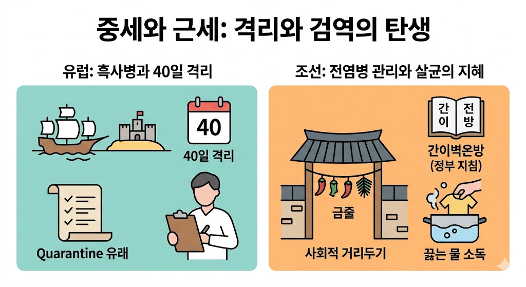이 이미지는 중세 유럽과 조선 시대의 방역 시스템을 대조하여 보여줍니다. 왼쪽에는 베네치아의 40일 격리를 상징하는 범선과 달력, 검역 행정 아이콘이 배치되어 있으며, 오른쪽에는 조선의 금줄과 간이벽온방, 끓는 물 소독 등 전통적인 방역 지혜를 시각화했습니다. 인류가 전염병에 맞서 정립해 온 격리와 검역의 역사를 플랫 디자인으로 심플하게 표현한 구성입니다.