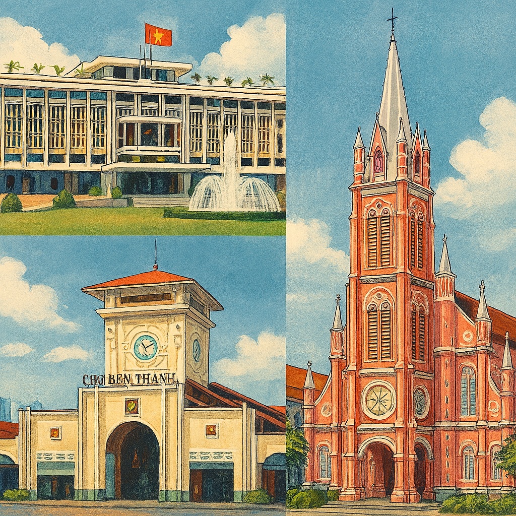 통일궁, 벤탄시장, 떤딘 성당의 콜라주 이미지