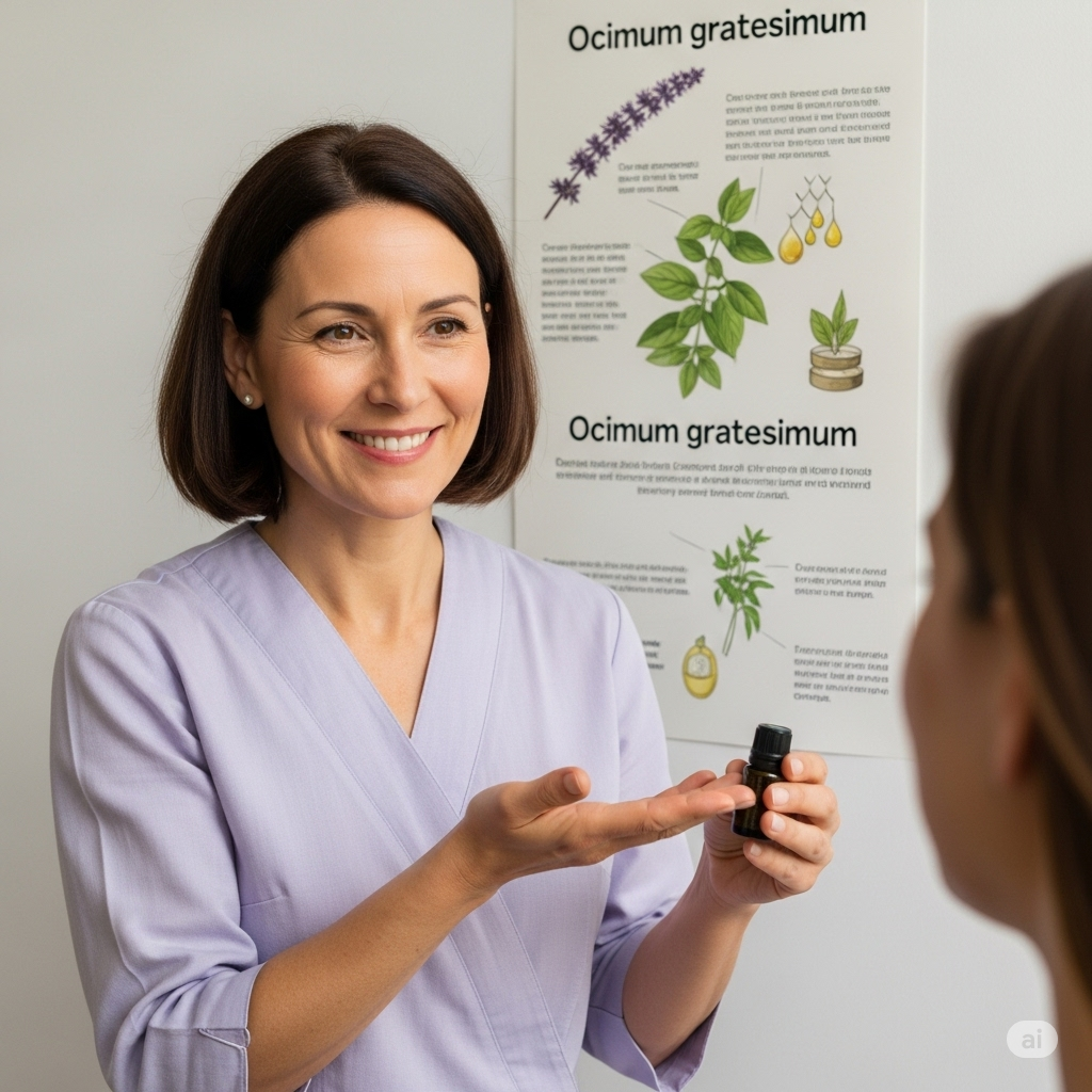 아로마테라피스트가 암 치료 계획에서 Ocimum gratissimum 에센셜 오일의 잠재적 이점을 설명하는 모습