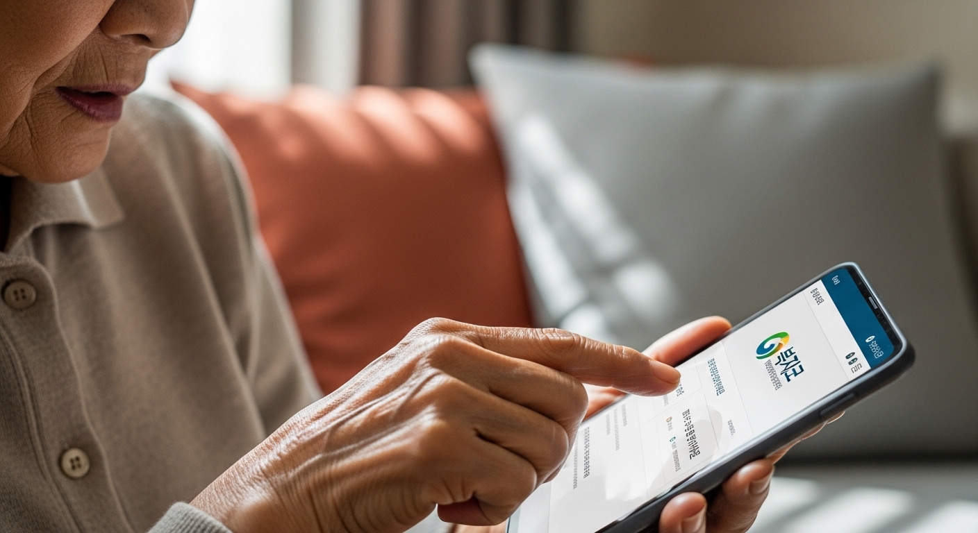 노년 여성이 스마트폰으로 복지로 웹사이트를 확인하며 기초연금을 조회하는 모습.