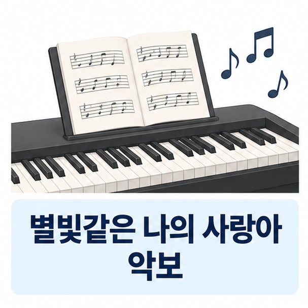 별빛같은 나의 사랑아 악보와 피아노 건반, 음표를 함께 보여주는 교육용 이미지