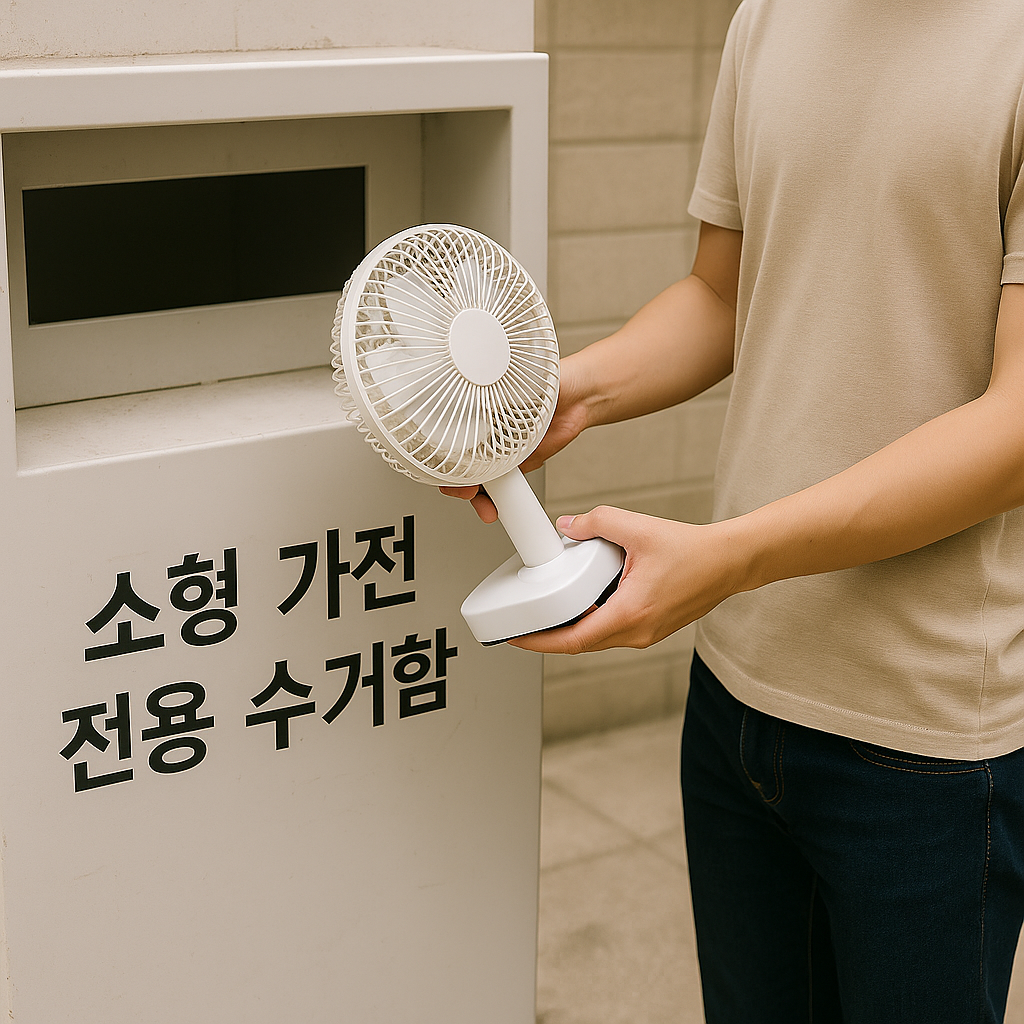 한 남성이 '소형 가전 전용 수거함'에 작은 선풍기를 넣고 있는 장면