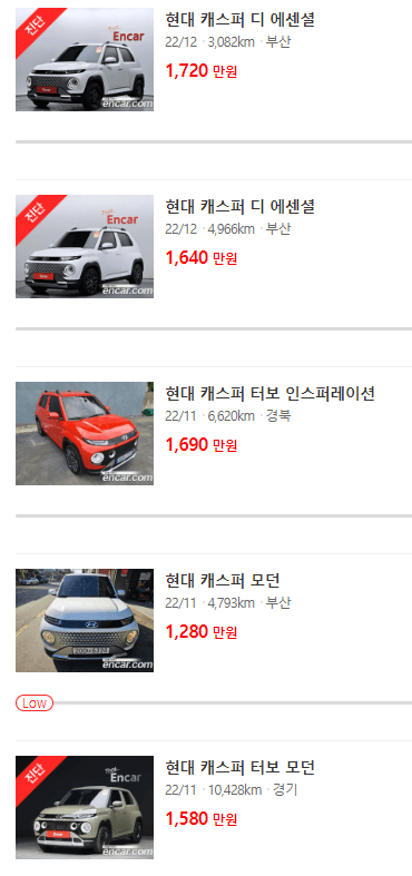 캐스퍼 추천 중고 차 가격