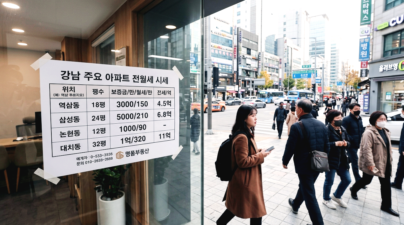 한국 부동산 중개업소 앞에 붙은 전월세 매물 정보를 보는 모습