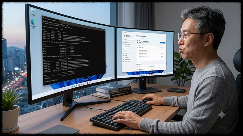 DISM과 SFC 복구 후 Windows 업데이트가 정상적으로 완료되는 모습