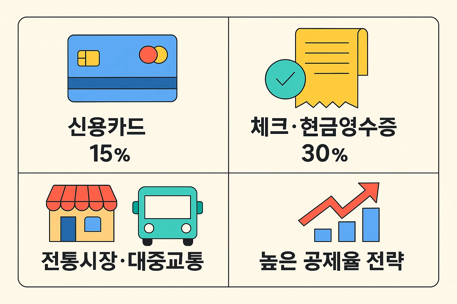 신용카드 15%, 체크·현금영수증 30%, 전통시장·대중교통 추가 공제 등 2025년 신용카드공제율을 비교한 핵심 요약 이미지입니다.