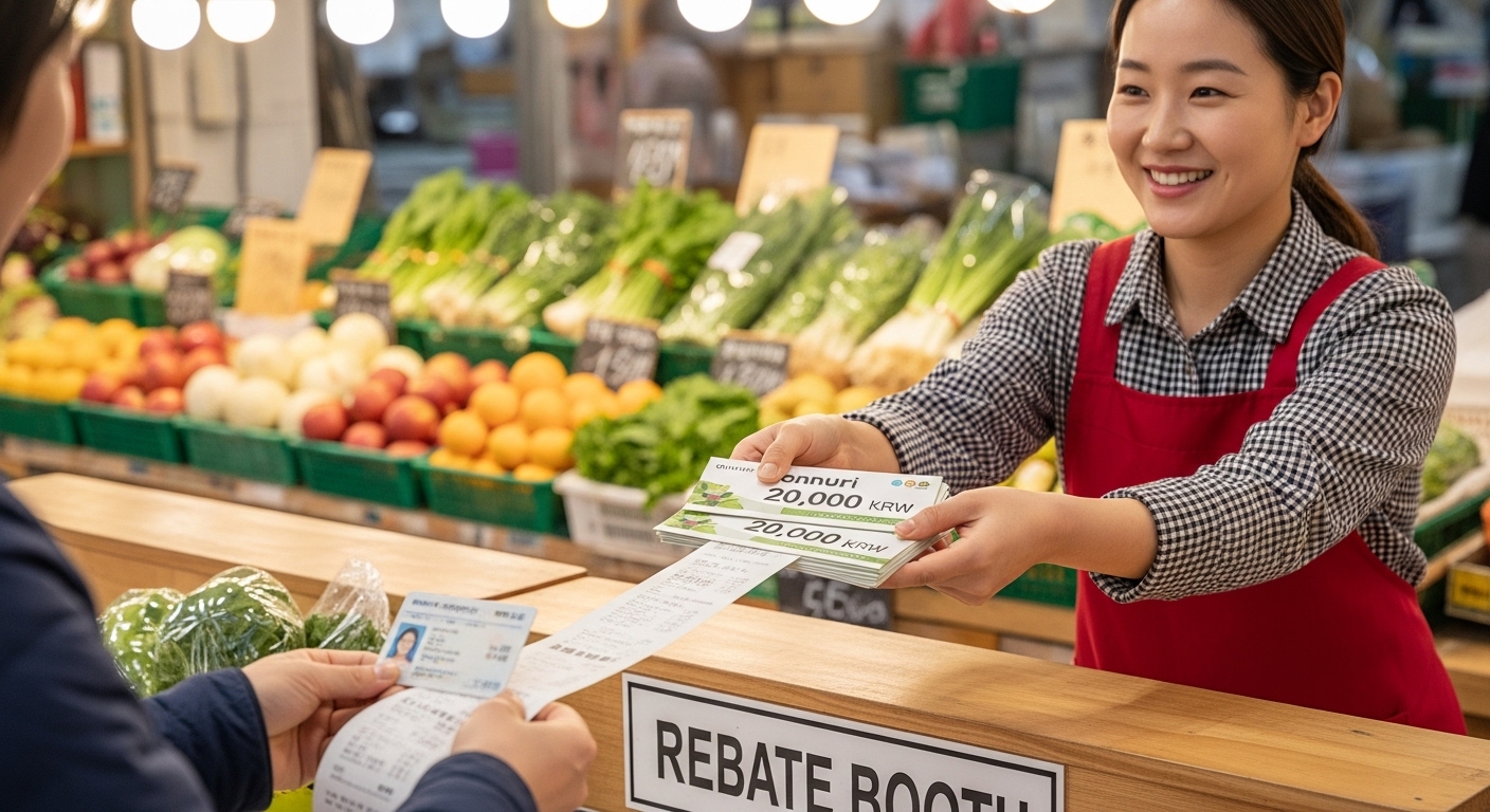 전통시장 '온누리상품권 환급 부스'에서 영수증을 보여주고 상품권을 받는 이미지