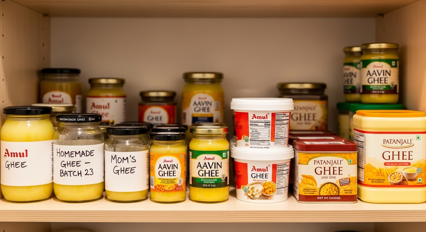 다양한 종류의 기버터가 깔끔하게 보관된 주방 선반.