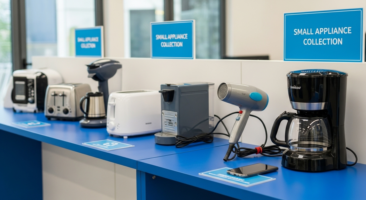 다양한 소형 가전제품들이 가지런히 모여 있는 깨끗한 소형 폐가전 수거함의 모습. 파란색과 회색 톤이 조화를 이루어 환경 친화적인 분위기를 연출하며, 올바른 가전제품 배출의 중요성을 강조합니다.