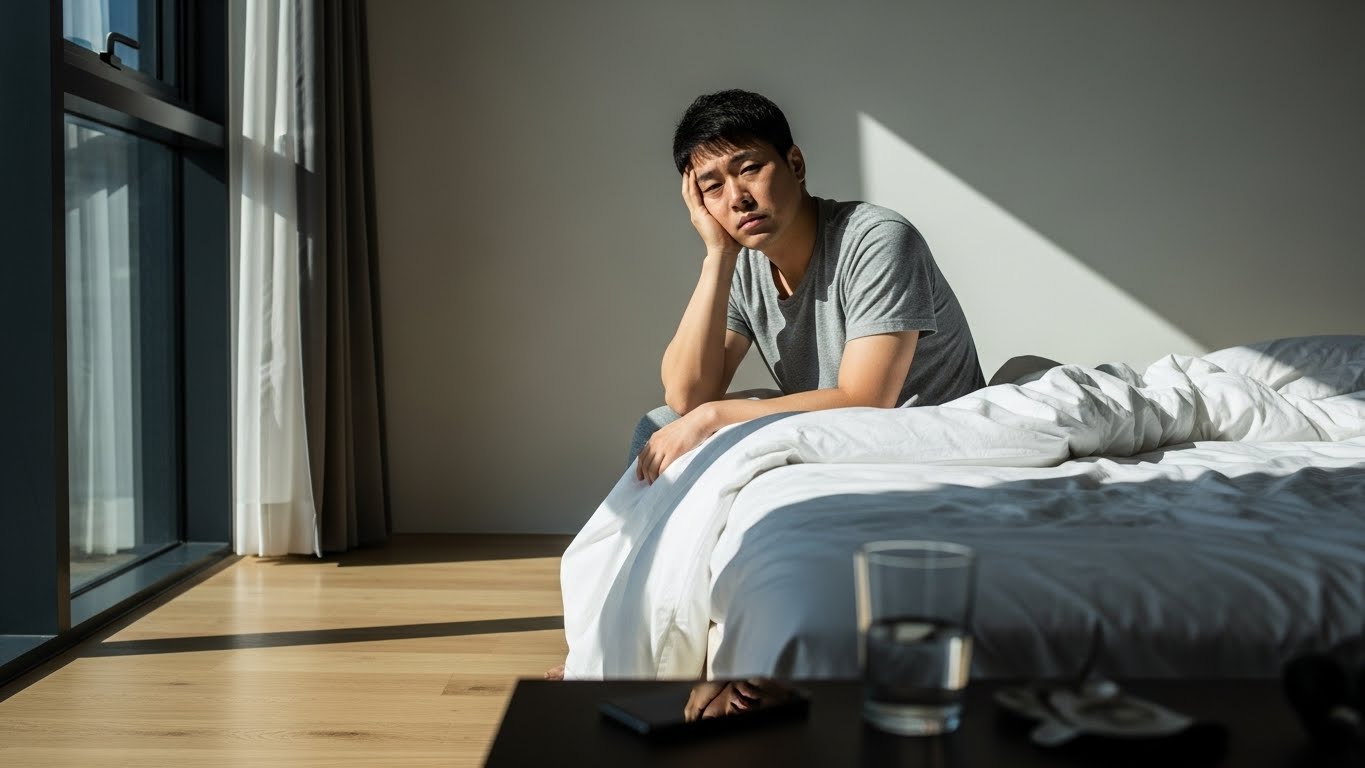 과음과 피로로 힘들어하며 아침을 맞이하는 한국인 남성의 모습