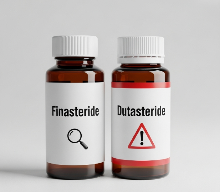 두 개의 다른 약병이 나란히 놓여 있다. 한 약병에는 '피나스테리드'라는 글자와 작은 돋보기 아이콘이, 다른 약병에는 '두타스테리드'라는 글자와 경고 표지 아이콘이 그려져 있어 두 약물의 특성과 위험도를 시각적으로 구분한다.
