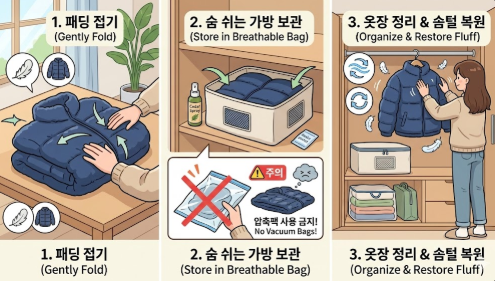 패딩 접기 보관법 (압축팩 주의, 솜털 복원, 옷장 정리)