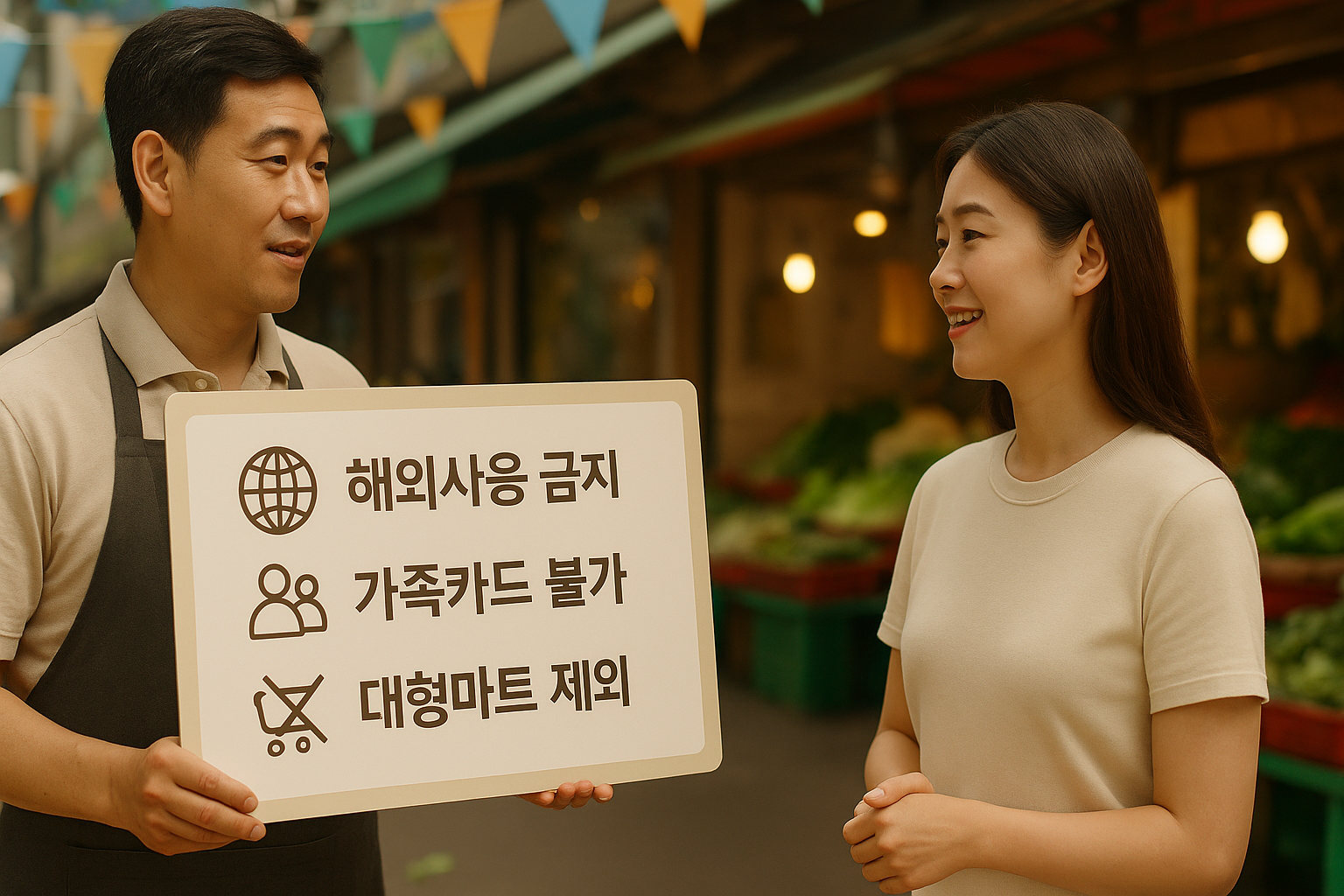 전통시장의 한 상인이 유의사항이 적힌 보드(아이콘 포함)를 들고 있고, 그 앞에서 한국 여성 소비자가 고개를 끄덕이며 듣는 모습