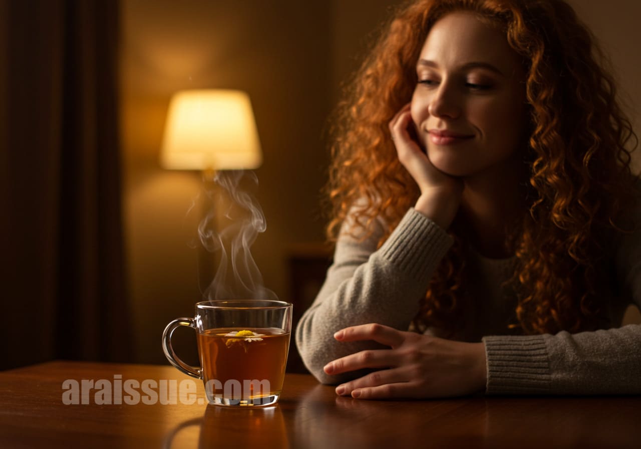 허브차를 바라보며 미소 짓는 여성의 따뜻한 밤