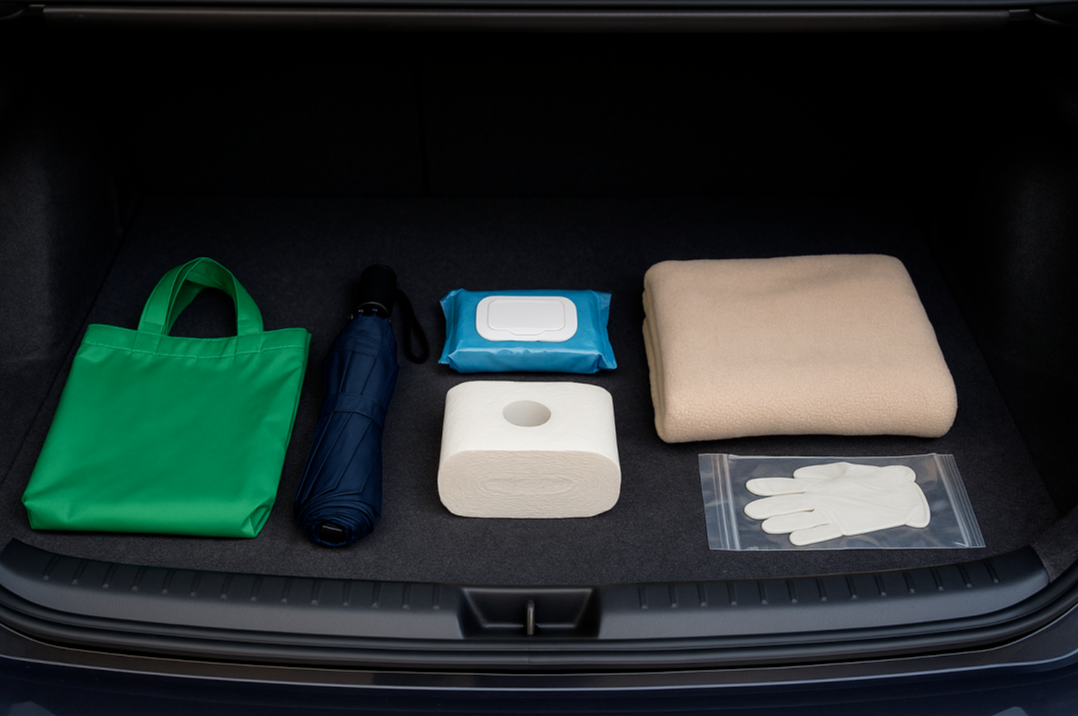 트렁크에 여분의 장바구니, 우산, 물티슈, 키친타월, 담요, 일회용 장갑을 정리해 넣은 생활 편의용품