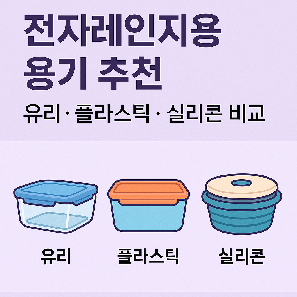 전자레인지 용기 추천 – 유리, 플라스틱, 실리콘 비교 인포그래픽 썸네일 이미지. 각 재질별 특징을 심플한 일러스트와 함께 보여주는 디자인.