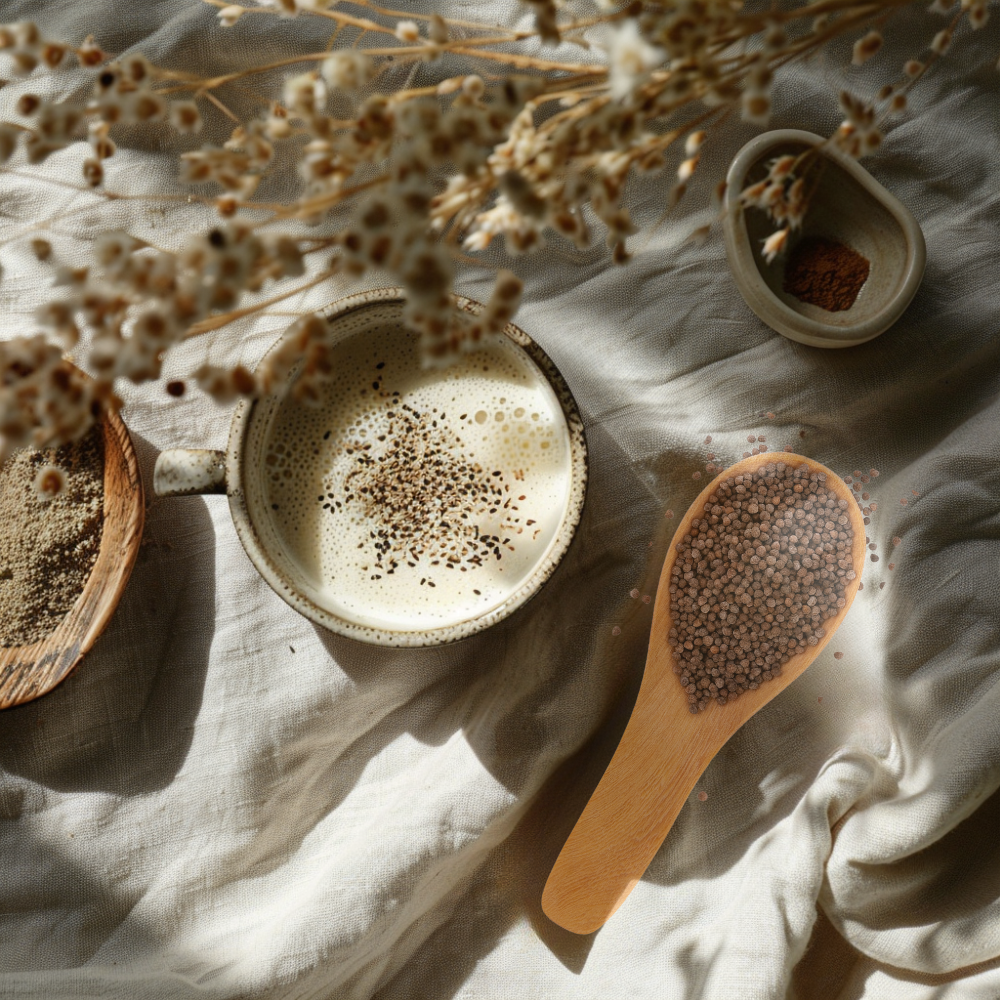 햇살이 비치는 천 위에 놓인 들깨차 한 잔과 들깨, 고소함을 더해주는 재료들이 함께 어우러진 따뜻한 이미지