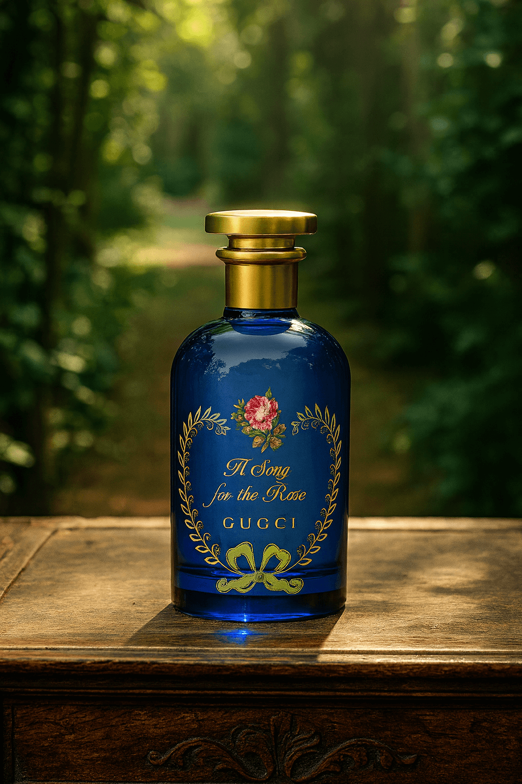 구찌 알케미스트 가든 어 송 포 더 로즈 향수 보틀. 짙은 코발트 블루 유리병에 금빛 캡과 장미 일러스트가 새겨져 있으며, 앤틱하고 고급스러운 분위기를 자아낸다. 장미 정원의 우아함과 니치 향수의 예술적 감각을 담아낸 디자인.
따스한 햇살이 비치는 장미 정원 테이블 위에 놓여 신비롭고 품격 있는 무드를 표현한다.