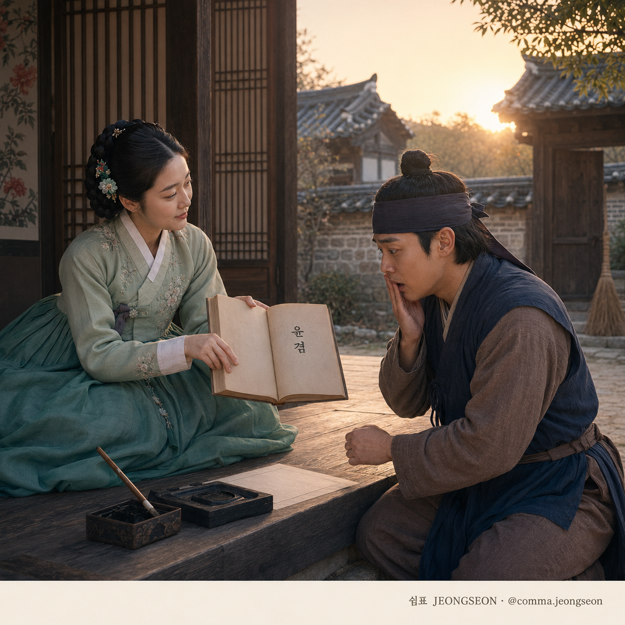 새벽빛이 스미는 한옥 툇마루에서 마님이 &lsquo;윤겸&rsquo; 두 글자가 적힌 오래된 책을 펼쳐 보이고, 마당쇠가 놀란 표정으로 자신의 이름을 바라보는 장면